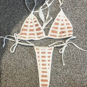 White and Pink Striped Bikini Set